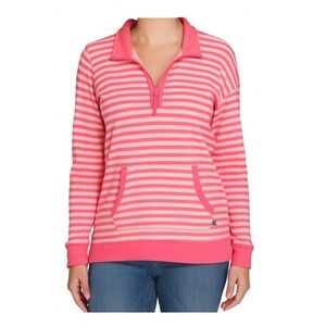 T by Talbots Striped Pullover‎ Women's Pink White 1/4 Zip Collar Sweatshirt